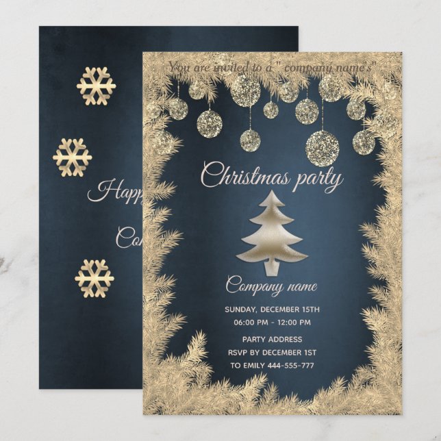 Gold navy blue corporate Christmas party Invitation (Front/Back)