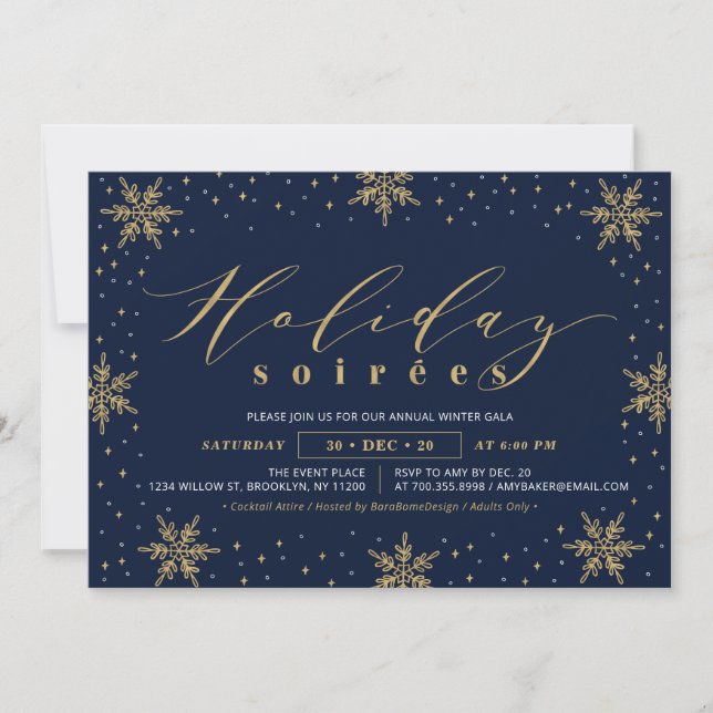 Gold & Navy Blue Corporate Holiday Soiree Party Invitation (Front)