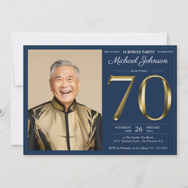 Gold Navy Blue Custom Photo Surprise 70th Birthday Invitation (Front)