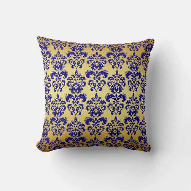 Gold, Navy Blue Damask Pattern 2 Cushion (Front)