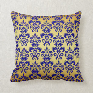 Gold, Navy Blue Damask Pattern 2 Cushion