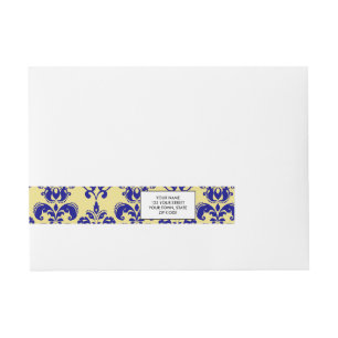 Gold, Navy Blue Damask Pattern 2 Wraparound Address Label