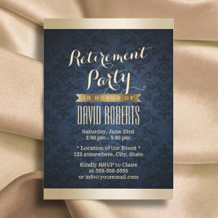 Gold & Navy Blue Damask Pattern Retirement Party Invitation