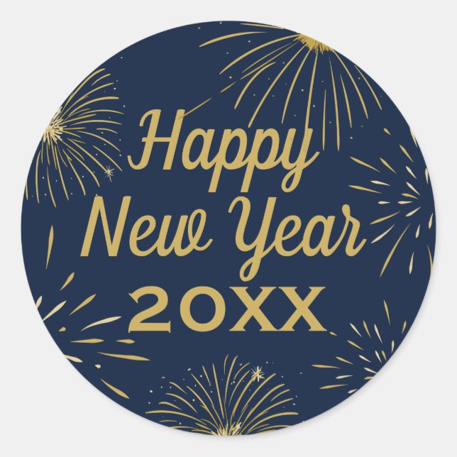 Gold Navy Blue Elegant 2025 Happy New Year Party Classic Round Sticker (Front)