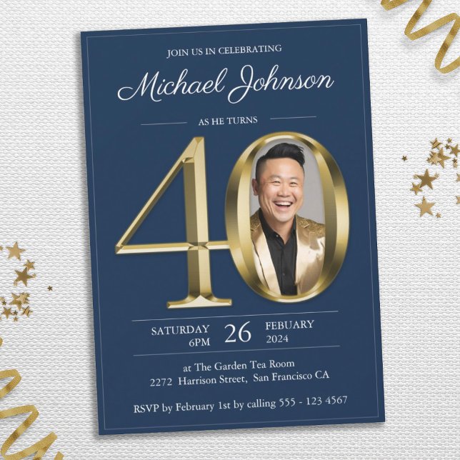 Gold Navy Blue Elegant Photo 40th Birthday Party Invitation (Gold Navy Blue Elegant Photo 40th Birthday Party Invitation)