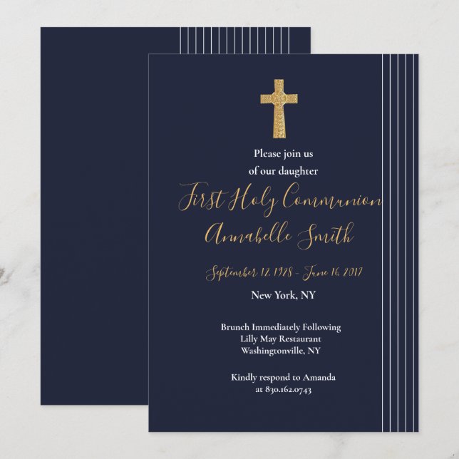 Gold navy blue elegant typography  First Holy Comm Invitation (Front/Back)