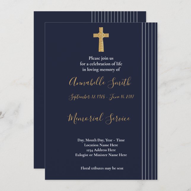 Gold navy blue elegant typography  Loving Memory Invitation (Front/Back)
