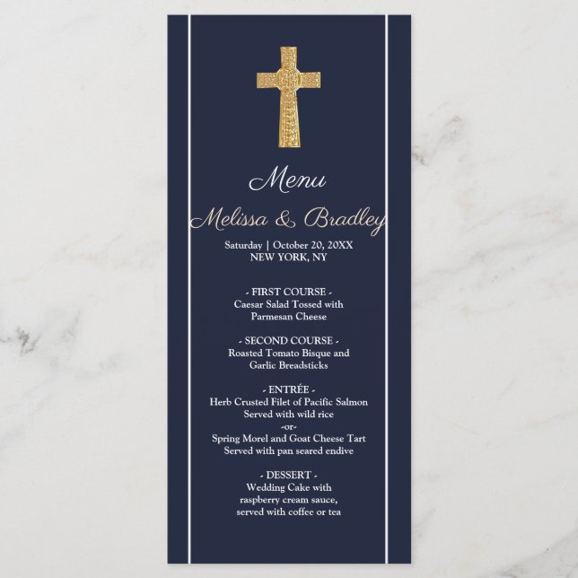 Gold navy blue elegant typography Wedding Menu (Front)