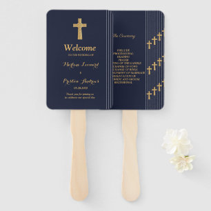 Gold navy blue elegant typography Wedding Program Hand Fan