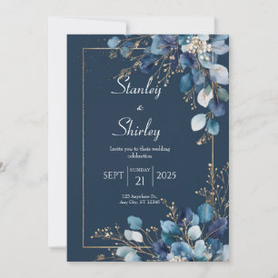 Gold Navy Blue Eucalyptus Winter Wedding Invitation