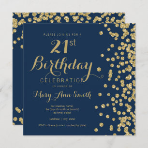 Gold Navy Blue Faux Glitter Confetti 21st Birthday Invitation
