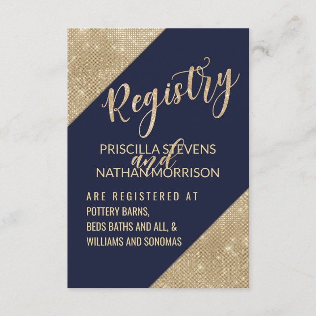 Gold Navy Blue Faux Glitter Sequin Gift Registry Enclosure Card (Front)