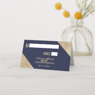 Gold Navy Blue Faux Glitter Sequin Place Card