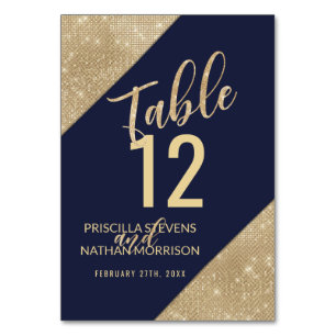 Gold Navy Blue Faux Glitter Sequin Table Number