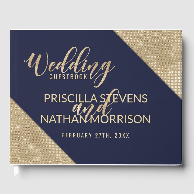 Gold Navy Blue Faux Glitter Sequin Wedding Guest Book (Front)