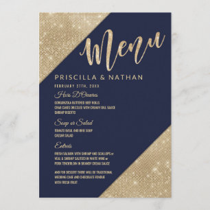 Gold Navy Blue Faux Glitter Sequin Wedding Menu