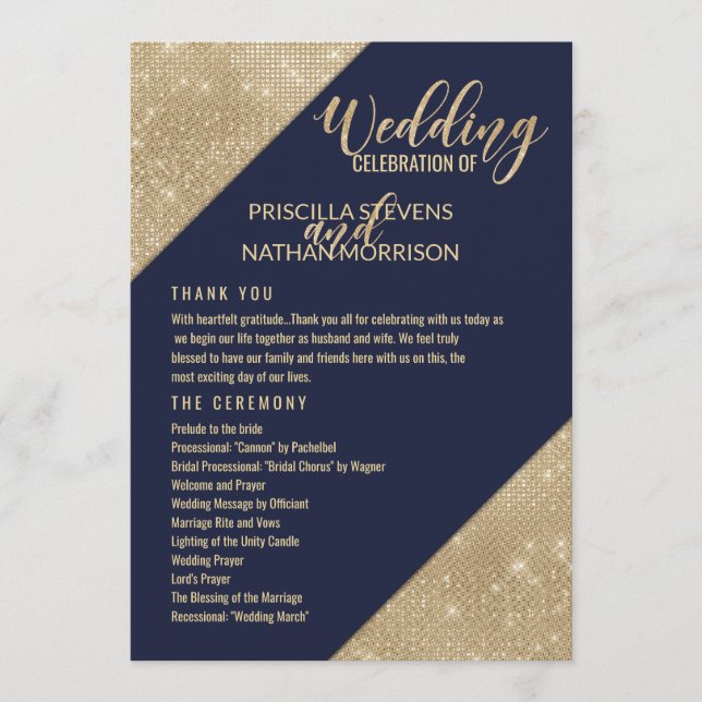 Gold Navy Blue Faux Glitter Sequin Wedding Program Programme (Front)
