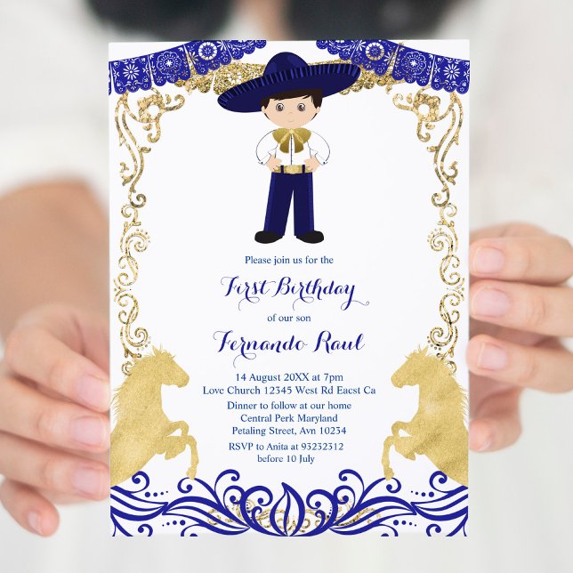 Gold Navy Blue  Fiesta Boy Birthday Invitation (Creator Uploaded)