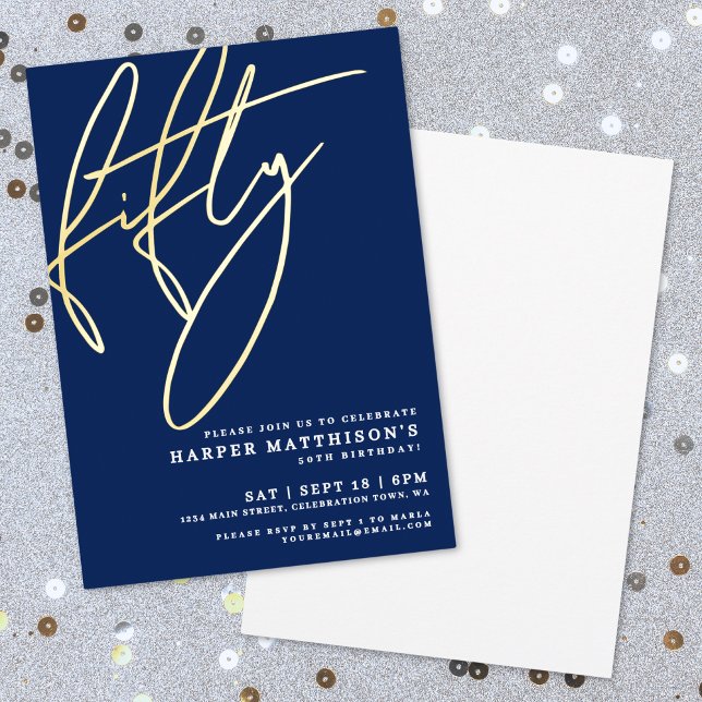 Gold Navy Blue Fifty 50th Birthday Party (Gold Navy Blue Fifty 50th Birthday Party Foil Invitation)