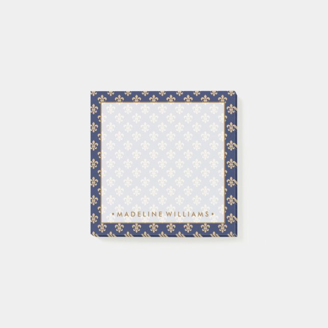 Gold & Navy Blue Fleur-De-Lis Post-it Notes (Front)