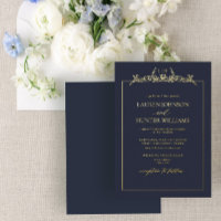 Gold Navy Blue Floral Border Monogram Wedding