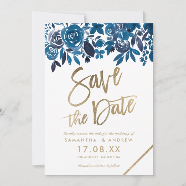 Gold navy blue floral watercolor save the date (Front)