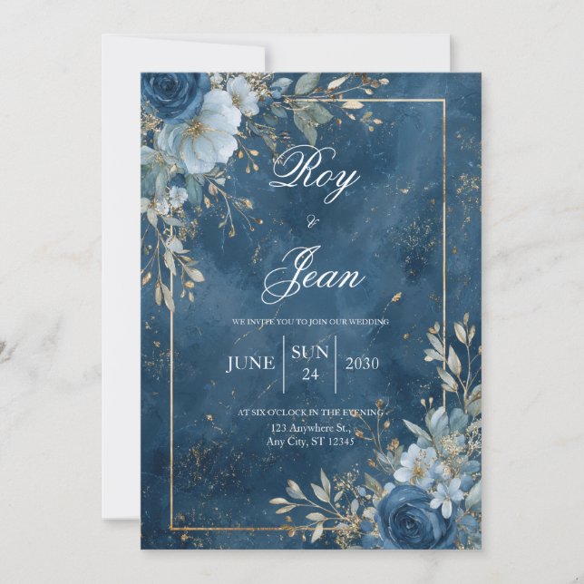 Gold Navy Blue Floral Winter Wedding Invitation (Front)