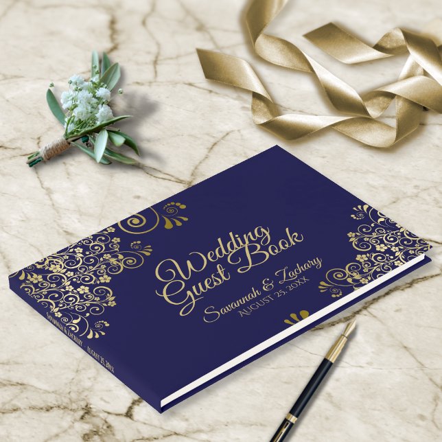 Gold & Navy Blue Frilly Filigree Elegant Wedding Guest Book (Creator Uploaded)