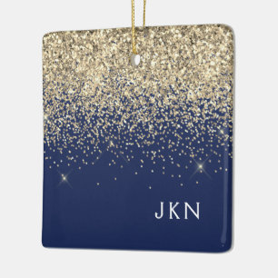 Gold Navy Blue Girly Glitter Sparkle Monogram Name Ceramic Ornament
