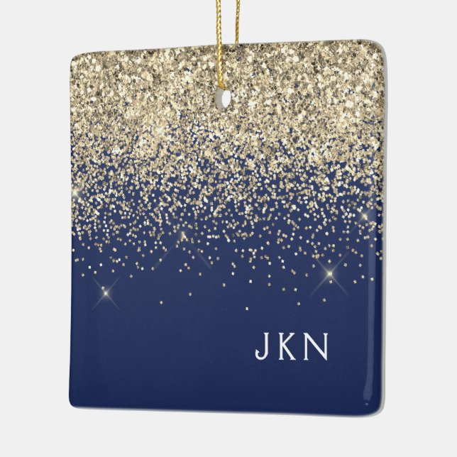 Gold Navy Blue Girly Glitter Sparkle Monogram Name Ceramic Ornament (Left)