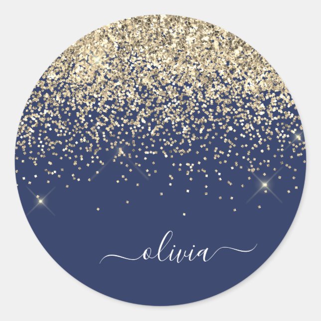 Gold Navy Blue Girly Glitter Sparkle Monogram Name Classic Round Sticker (Front)