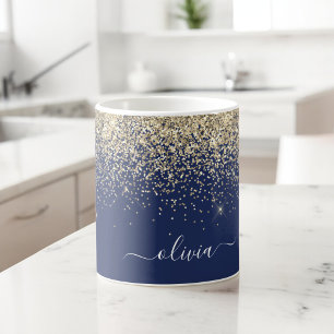 Gold Navy Blue Girly Glitter Sparkle Monogram Name Coffee Mug