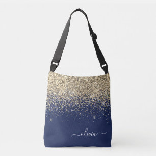 Gold Navy Blue Girly Glitter Sparkle Monogram Name Crossbody Bag