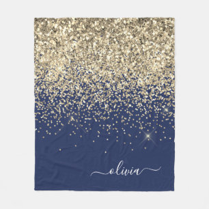 Gold Navy Blue Girly Glitter Sparkle Monogram Name Fleece Blanket