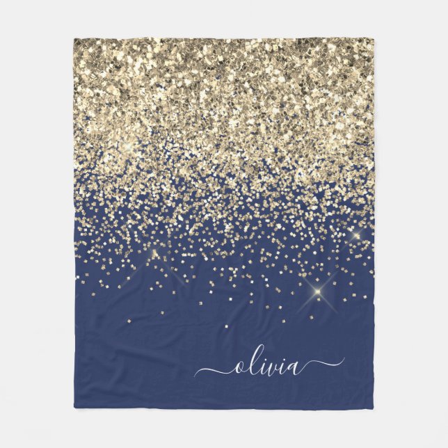 Gold Navy Blue Girly Glitter Sparkle Monogram Name Fleece Blanket (Front)