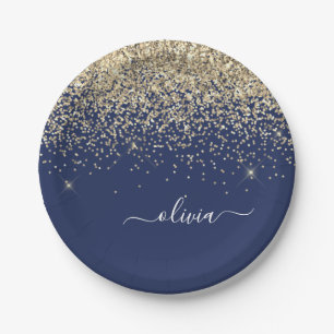 Gold Navy Blue Girly Glitter Sparkle Monogram Name Paper Plate