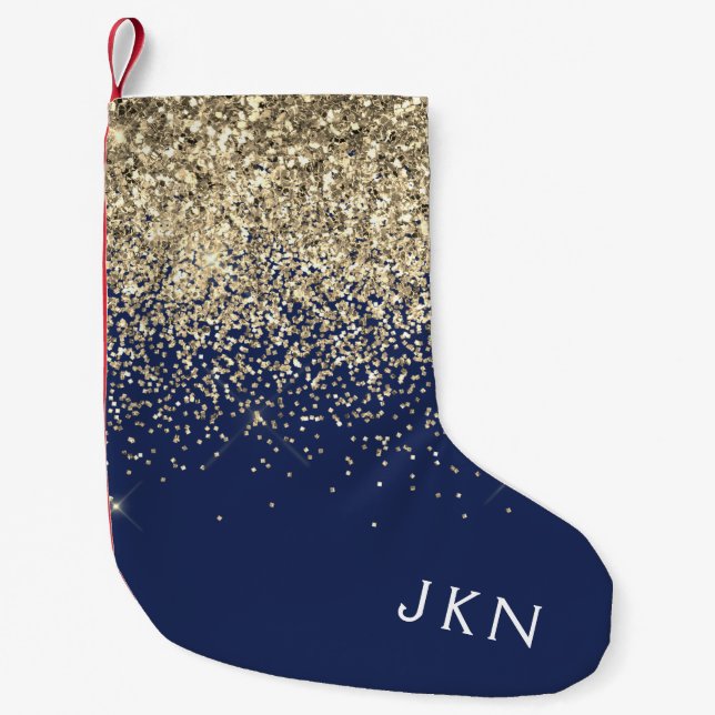 Gold Navy Blue Girly Glitter Sparkle Monogram Name Small Christmas Stocking (Front)