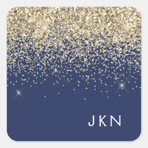 Gold Navy Blue Girly Glitter Sparkle Monogram Name Square Sticker