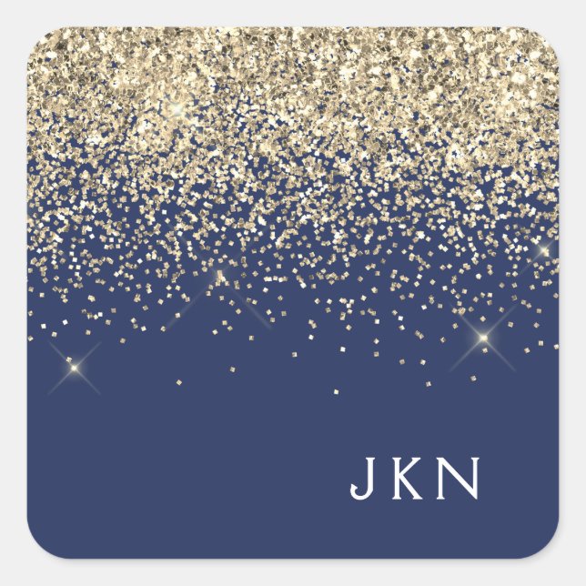 Gold Navy Blue Girly Glitter Sparkle Monogram Name Square Sticker (Front)