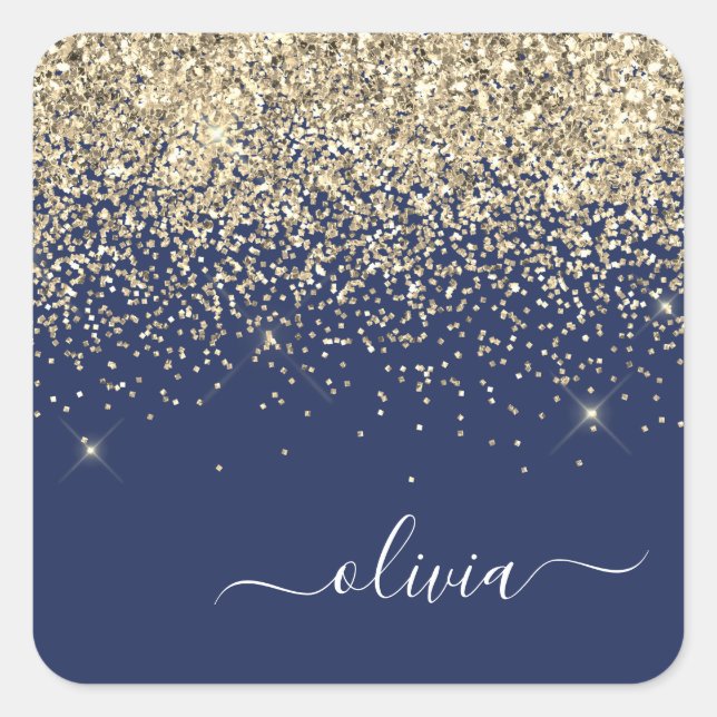 Gold Navy Blue Girly Glitter Sparkle Monogram Name Square Sticker (Front)