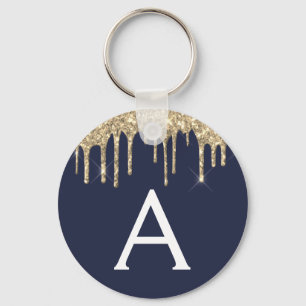 Gold Navy Blue Girly Sparkly Glitter Monogram Key Ring