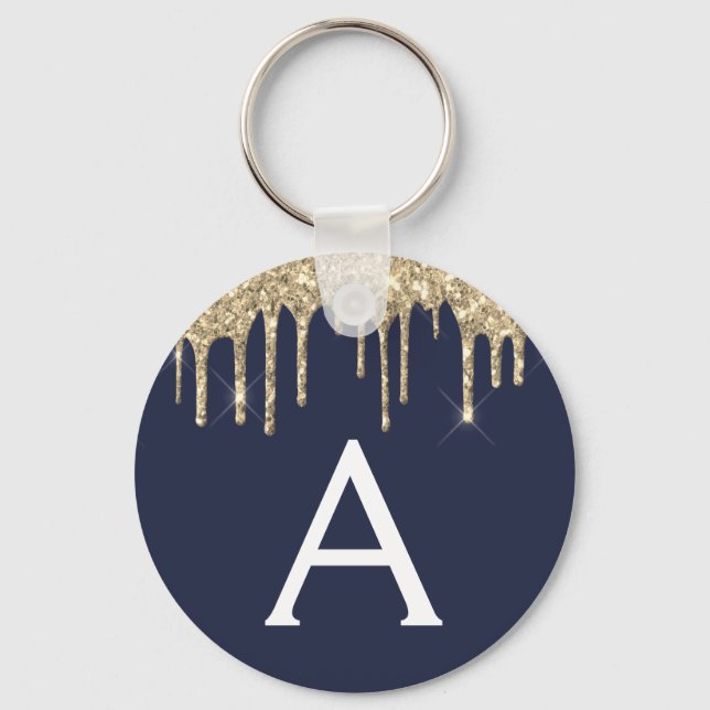 Gold Navy Blue Girly Sparkly Glitter Monogram Key Ring (Front)