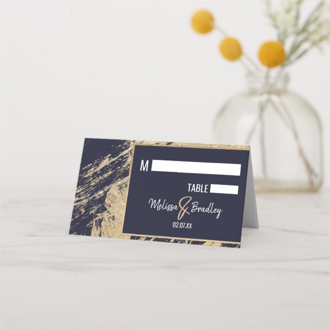 Gold Navy Blue Glitter Brushstrokes Place Cards (Front)