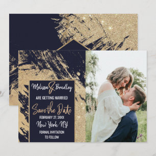 Gold Navy Blue Glitter Brushstrokes Save the Date Invitation