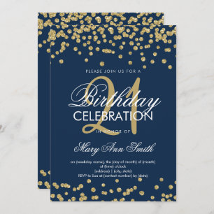 Gold Navy Blue Glitter Confetti 21st Birthday Invitation