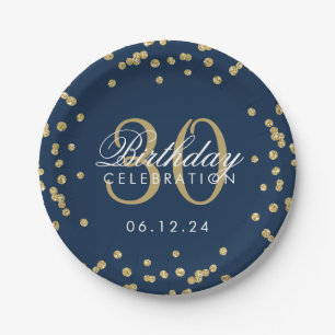 Gold Navy Blue Glitter Confetti 30th Birthday Paper Plate