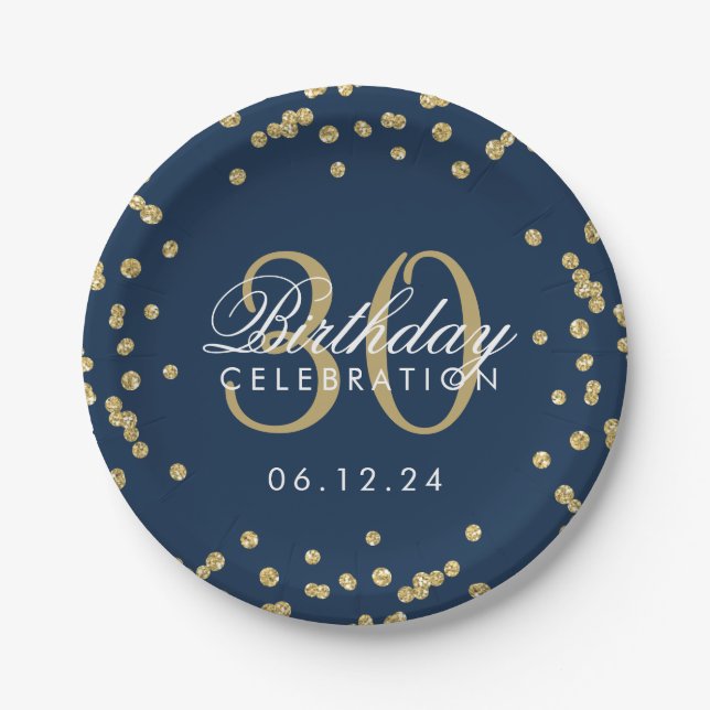 Gold Navy Blue Glitter Confetti 30th Birthday Paper Plate (Front)