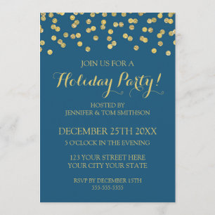 Gold Navy Blue Glitter Confetti Christmas Party Invitation
