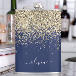 Gold Navy Blue Glitter Custom Monogram Name Hip Flask