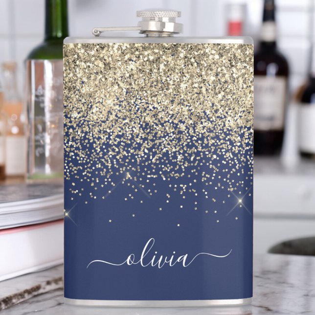 Gold Navy Blue Glitter Custom Monogram Name Hip Flask (Creator Uploaded)